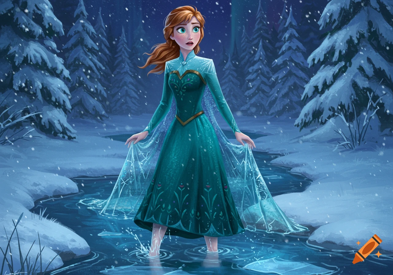 Anna from Frozen in a teal dress stands in an icy creek amidst a snowy forest with falling snow, in an animated style.