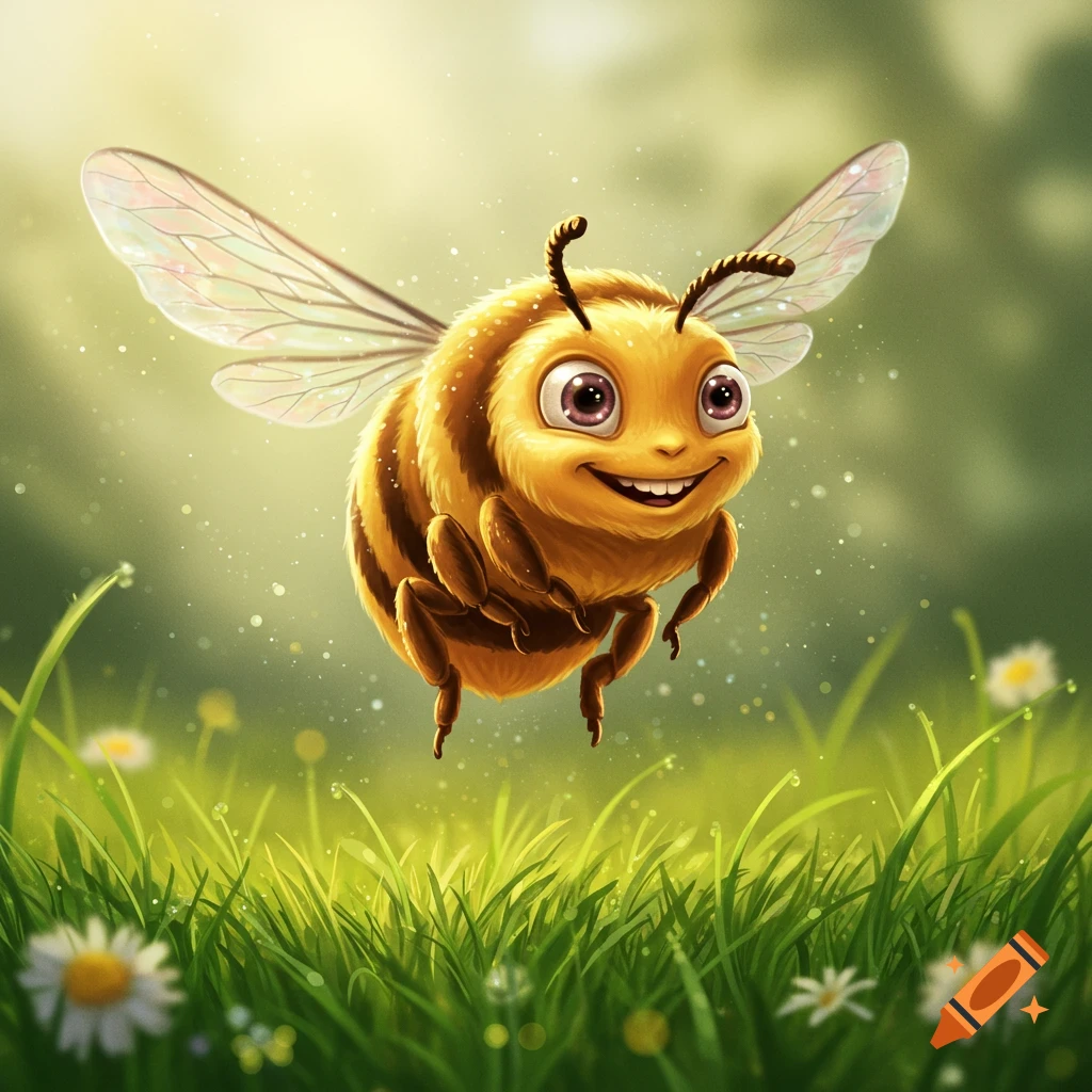 A plump, smiling cartoon bee with big eyes hovers above green grass and white daisies in a sun-dappled field.
