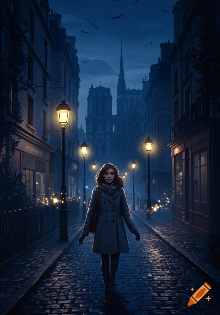 A young woman in a coat walks down a cobblestone street at night, illuminated by streetlights, with Notre Dame in the background.