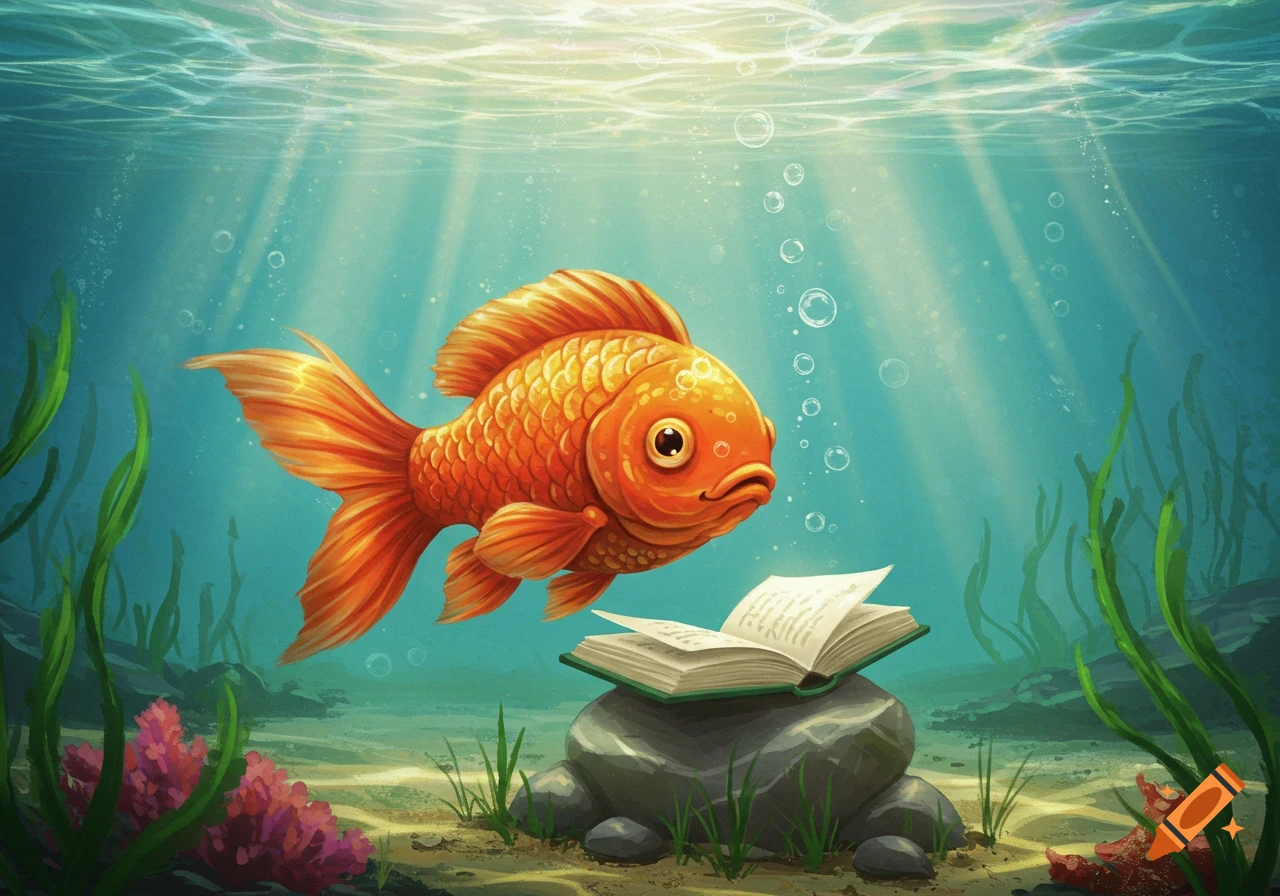 An orange goldfish floats in clear blue water, gazing at an open book resting on rocks at the sandy bottom. Stylized illustration.