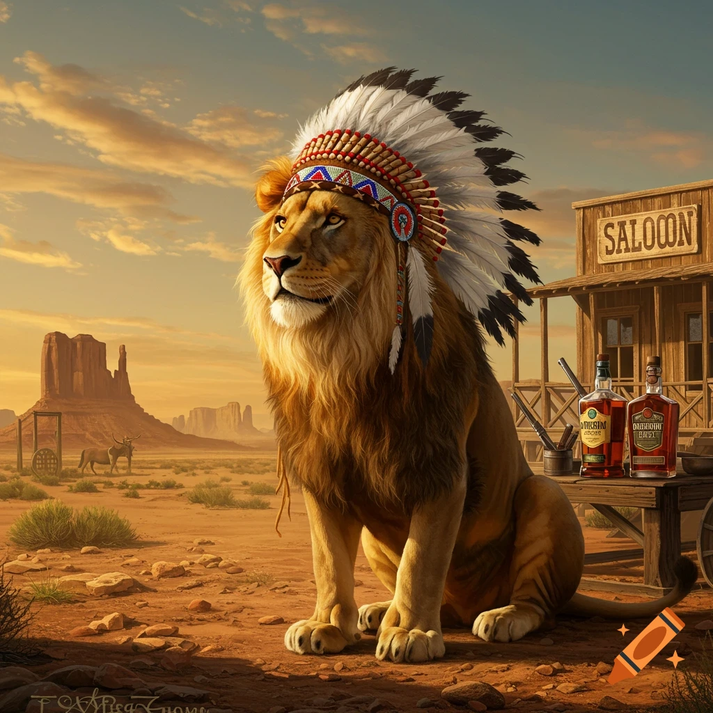 A majestic lion in a detailed Indigenous feather headdress sits in a dusty Wild West desert beside a saloon with whiskey bottles.