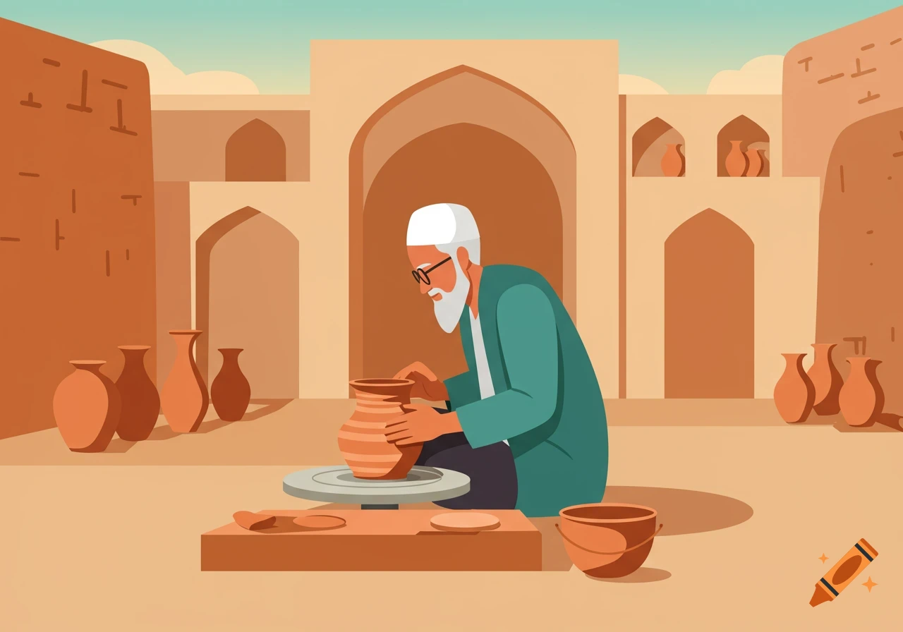 Flat vector illustration of an old man making pottery on a wheel in a traditional Middle Eastern adobe village.