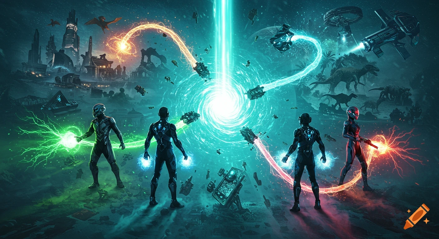 Four futuristic characters in a cinematic, photorealistic sci-fi scene with a cosmic vortex, energy streams, a futuristic city, and dinosaurs.