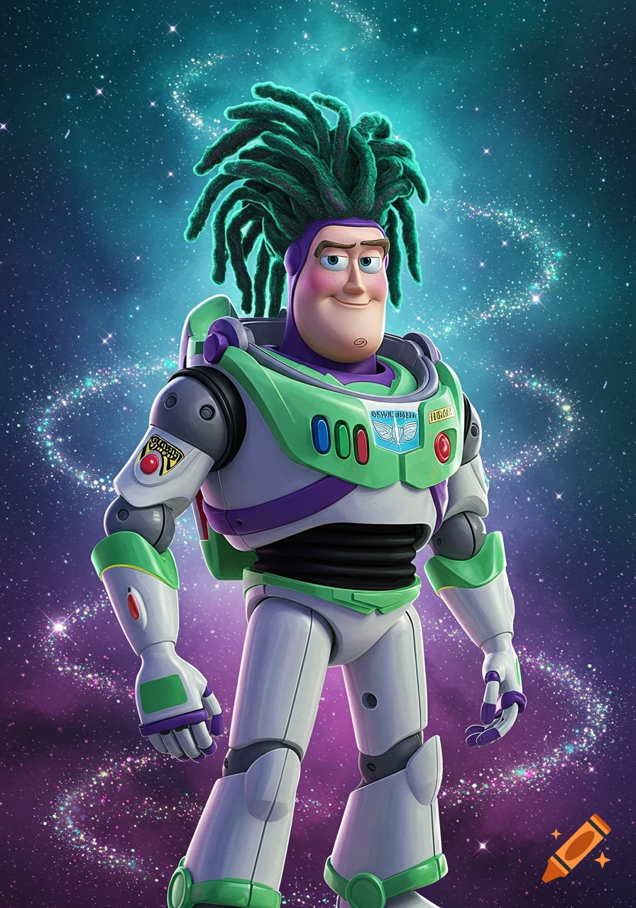 Smiling Buzz Lightyear with green dreadlocks stands in a vibrant starry galaxy, rendered in 3D animation style.