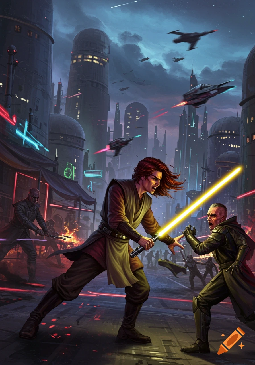 A red-haired Jedi with a yellow lightsaber battles a bald Sith on a futuristic city street, amidst flying ships and other combatants.