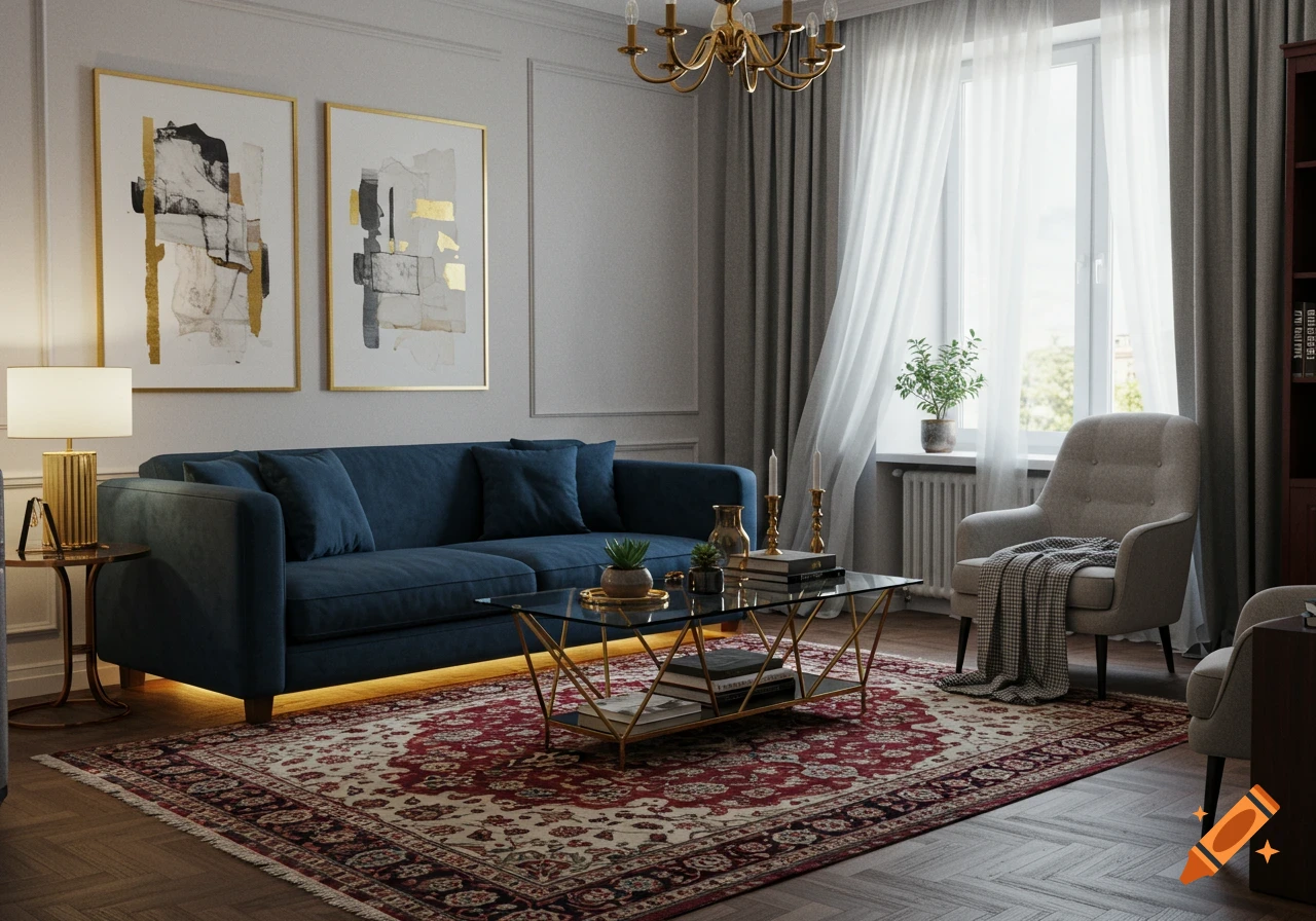 A luxurious living room featuring a navy blue sofa with underglow lighting, a gold and glass coffee table, and abstract art above the sofa. A red and white Persian rug covers the dark wood floor, and a large window with sheer white curtains brightens the room.