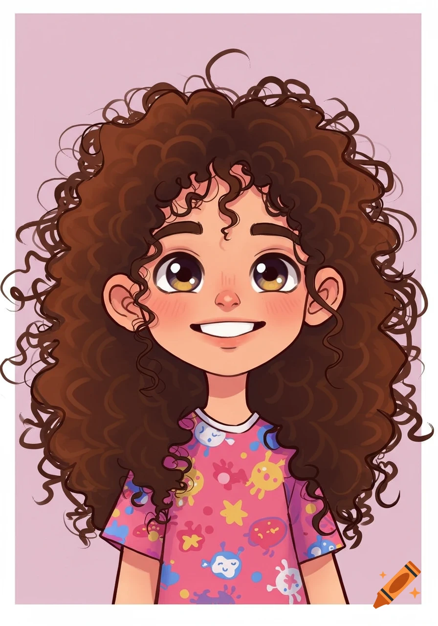 Cute cartoon portrait of a girl with long curly brown hair, big eyes, and a pink patterned shirt.