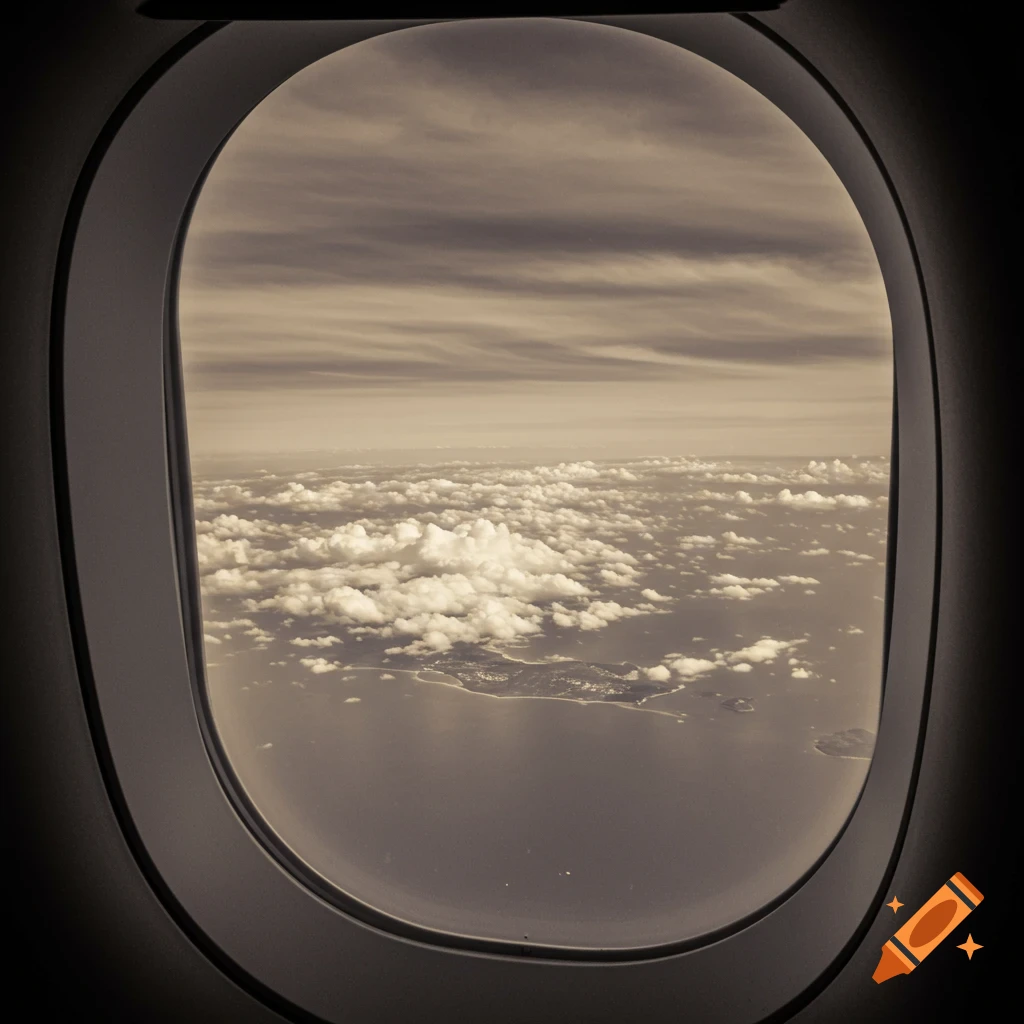 Vintage sepia-toned aerial view from an airplane window, showing clouds over an island and the sea.