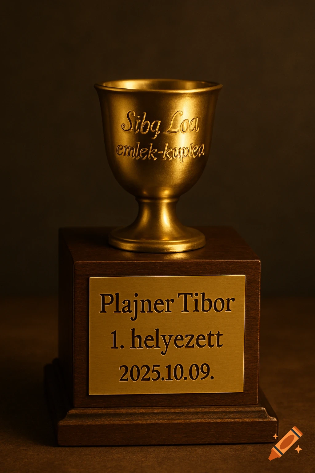 A golden cup with "Siba Loa emlék-kupica" engraved on it, sitting on a dark wooden base with a golden plaque that reads "Plajner Tibor 1. helyezett 2025.10.09."