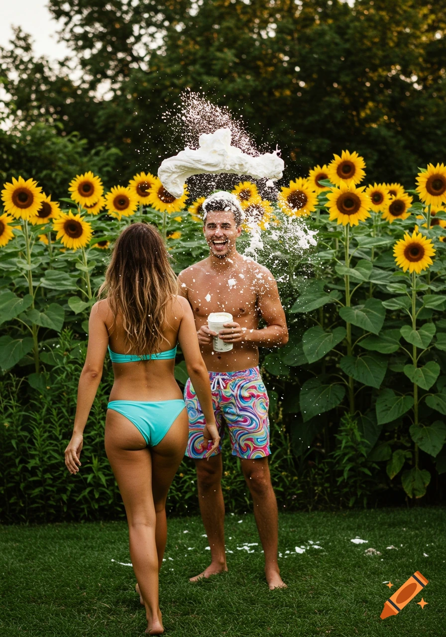 A laughing man covered in whipped cream stands in front of sunflowers as a woman in a blue bikini walks away on a sunny day.