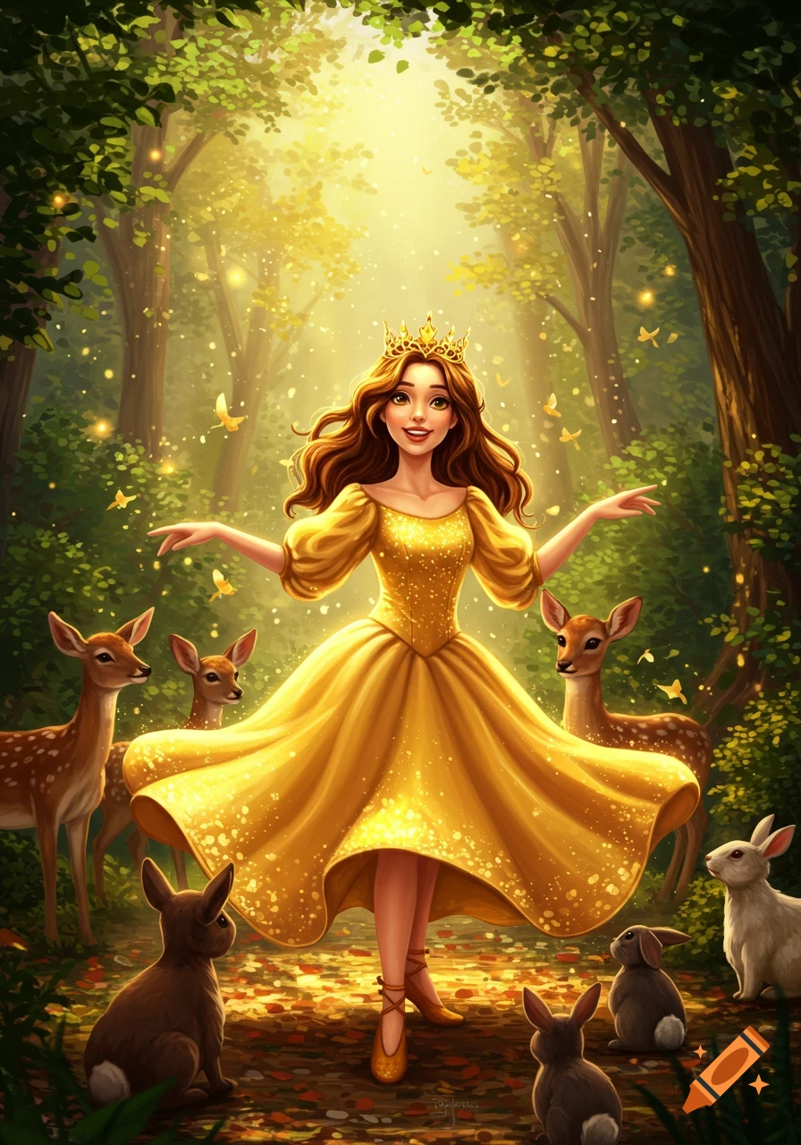 Smiling princess in a sparkling yellow dress and gold crown dances in an enchanted forest with deer and rabbits, digital art.