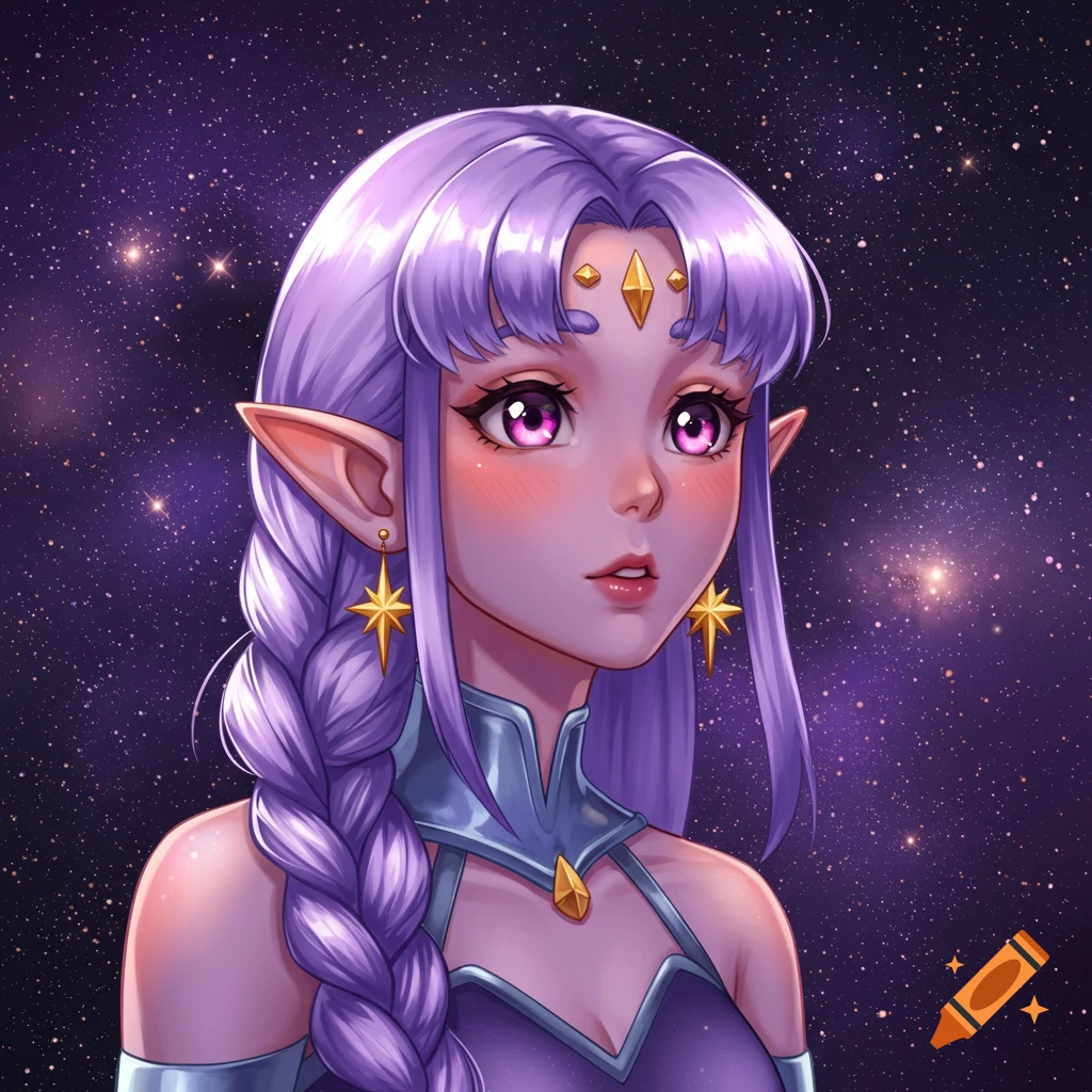 An anime-style elf-like character with long lavender braided hair, large pink eyes, blushing cheeks, gold star earrings, and a purple sci-fi outfit against a starry night sky.