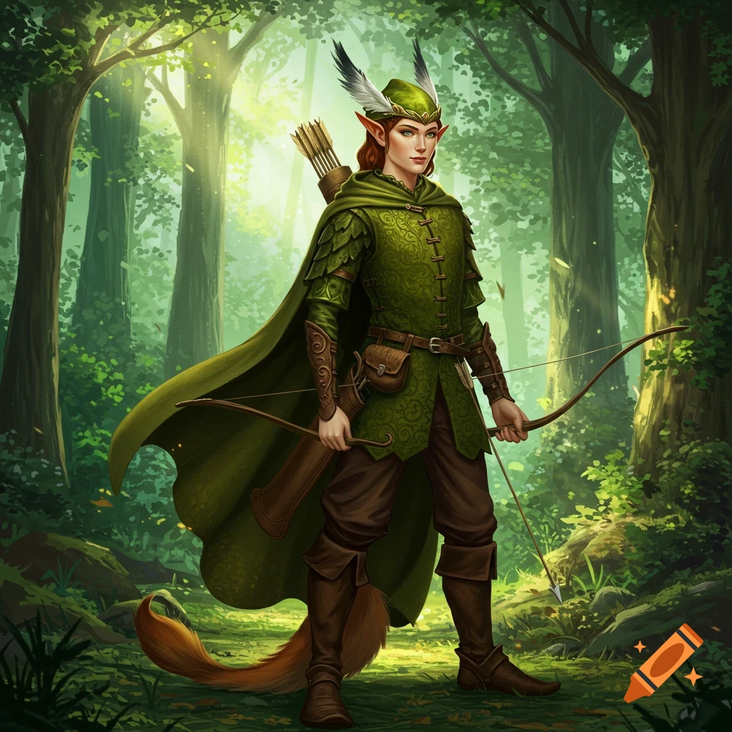 An elven archer in green attire with a fox tail, holding a bow in a sunlit forest.
