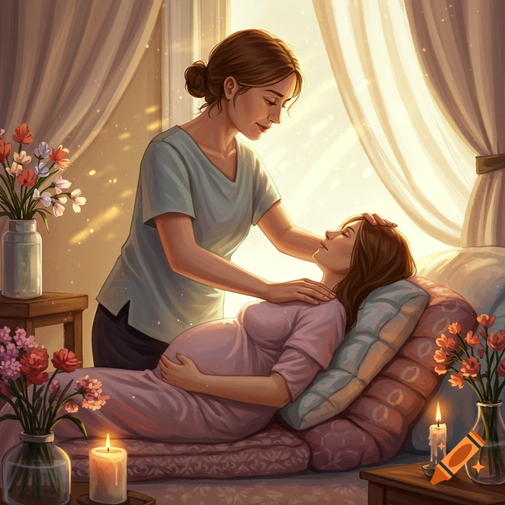 An illustration of a pregnant woman being comforted in bed by another woman, with sunlight streaming in.