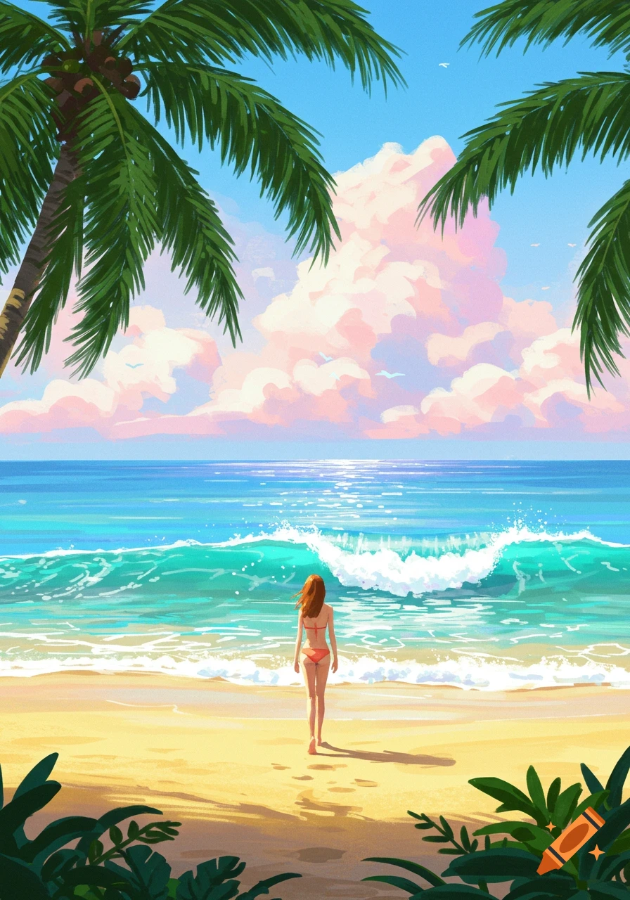 A woman with red hair in a bikini stands on a sandy beach, looking out at the turquoise ocean under a blue sky with pink clouds and palm trees.