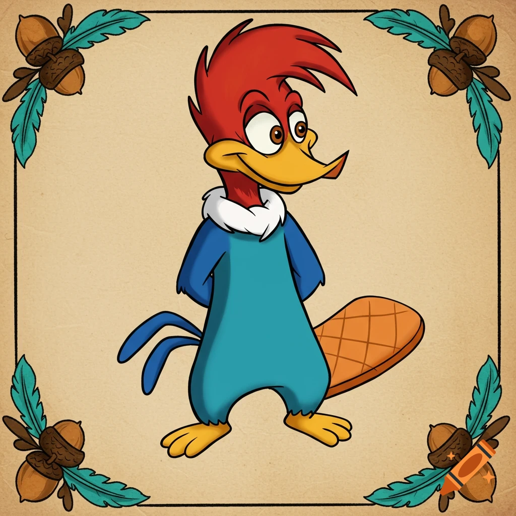 A cartoon hybrid character with Woody Woodpecker's head and Perry the Platypus's body, on a vintage background with acorn and feather borders.