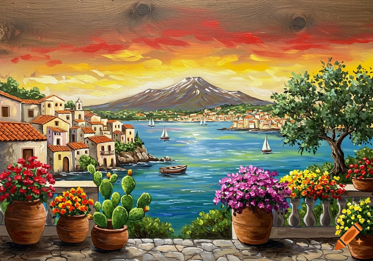 Vibrant painting of a Mediterranean coastal village, sea with sailboats, Mount Etna, and flowers on a terrace, under a fiery sunset. The artwork is on rustic wood.