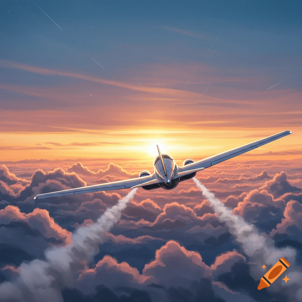 A plane flies over a layer of clouds at sunset, with light trails visible from its engines.