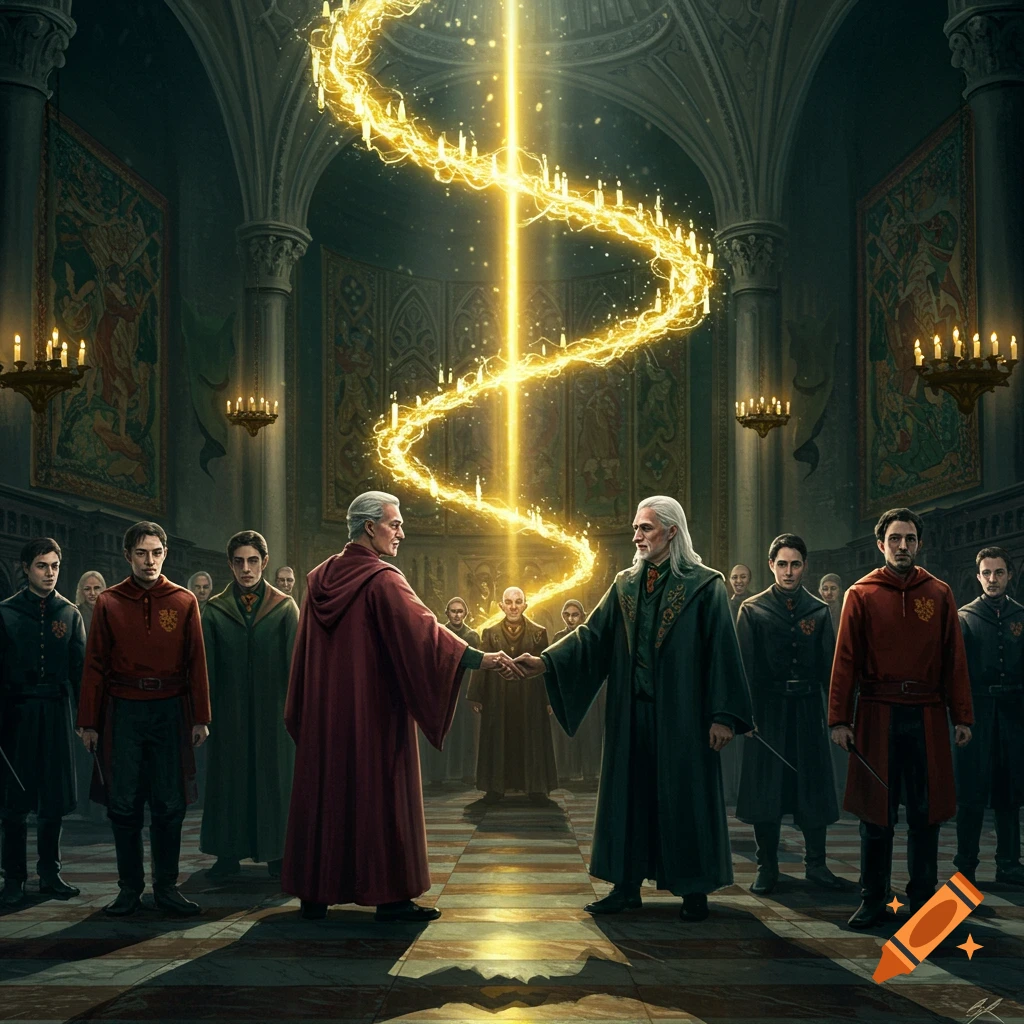 Two robed men shake hands in a grand hall as a golden spiral of magic glows between them, surrounded by other robed figures.