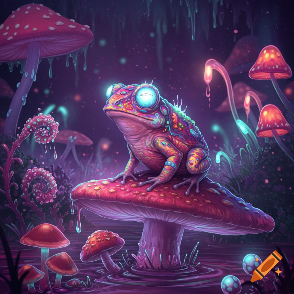 A brightly colored, psychedelic frog with glowing eyes sits on a red mushroom in a surreal, glowing swamp with other fantastical fungi.