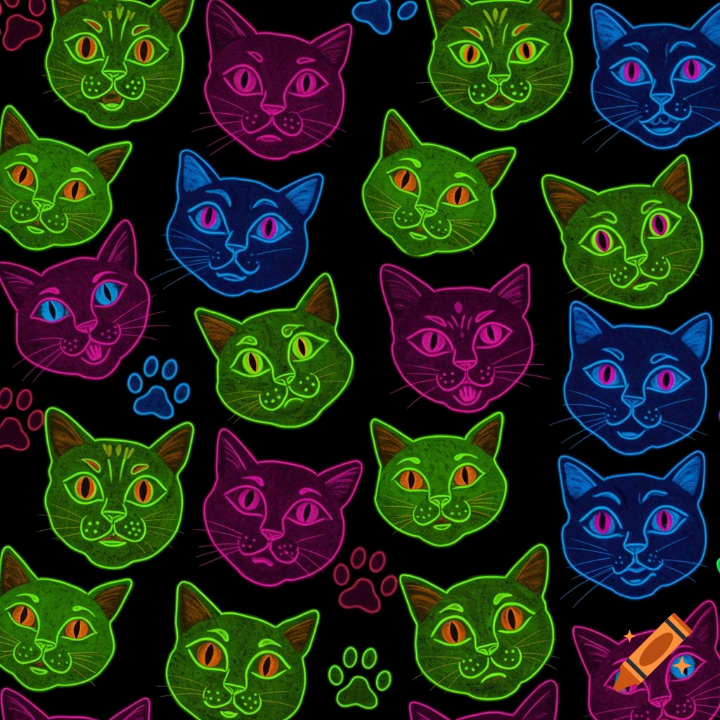 A seamless pattern of neon green, pink, and blue cartoon cat faces with varying expressions and paw prints on a black background.