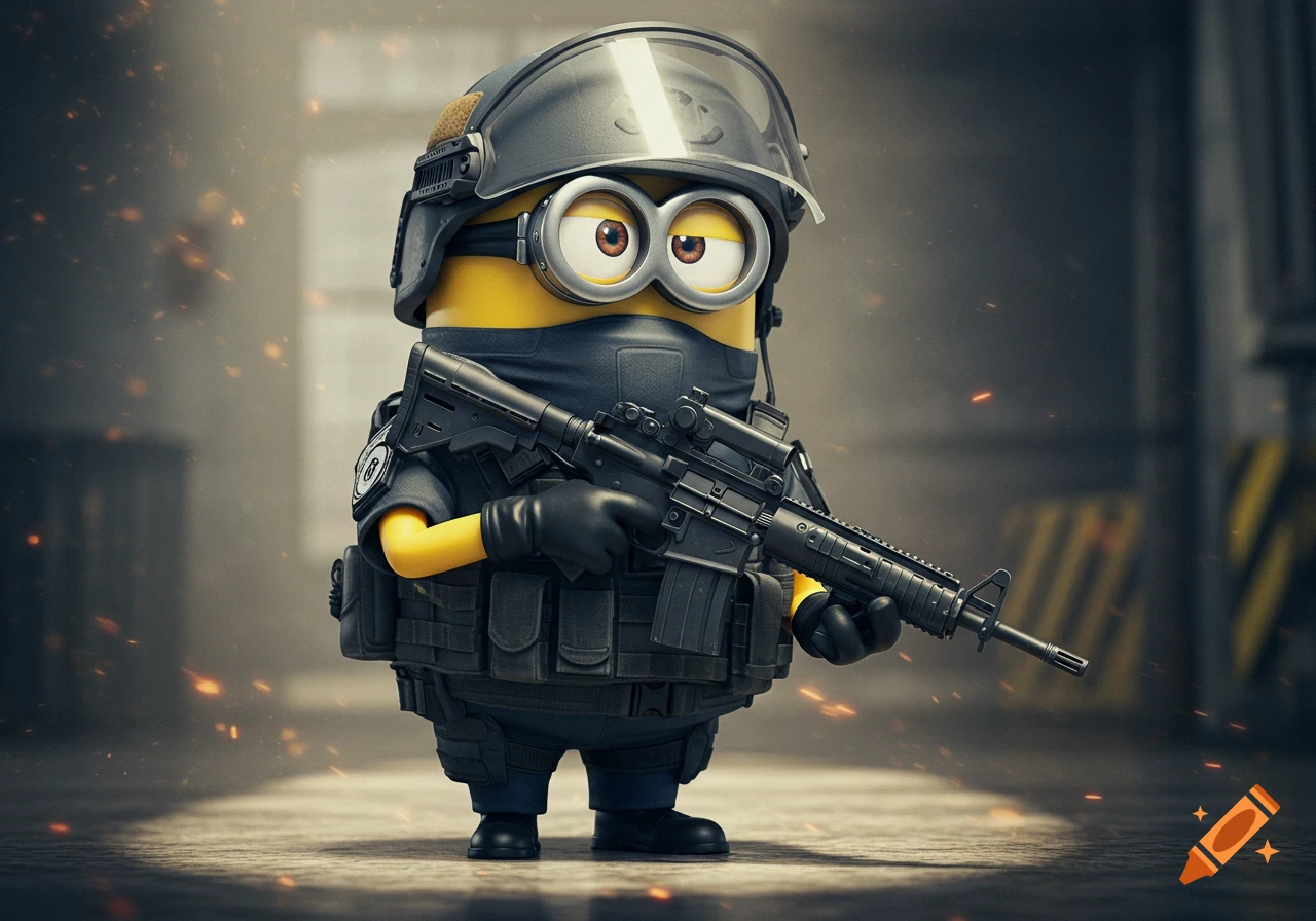 A Minion cartoon character in full tactical SWAT gear, holding an assault rifle with dramatic lighting.