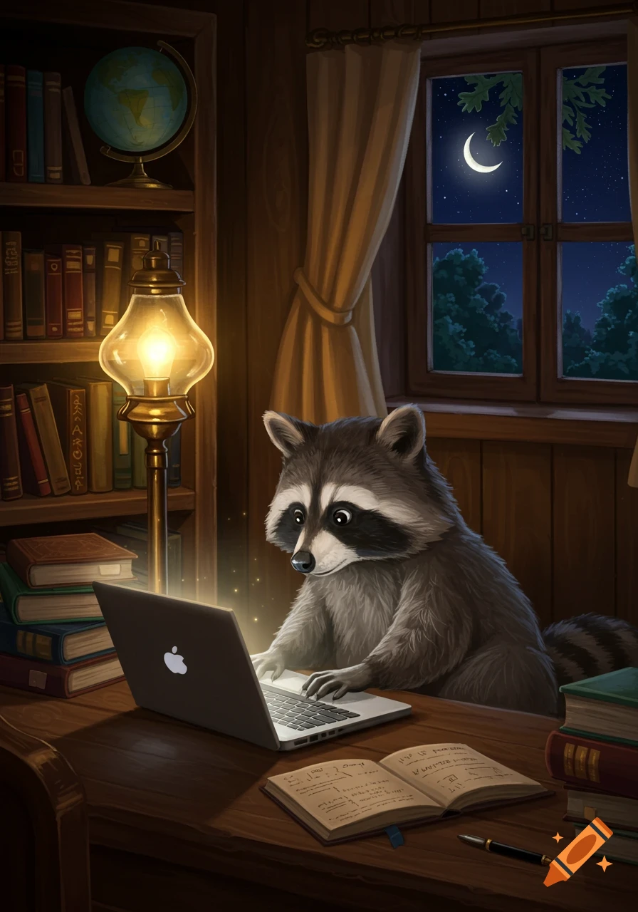 A whimsical digital illustration of a raccoon diligently typing on a glowing laptop at a wooden desk in a cozy, book-filled study at night.