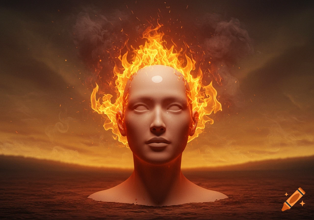 A smooth, mannequin-like head emerges from dark water, engulfed in vibrant orange flames, against an earthy orange sky.
