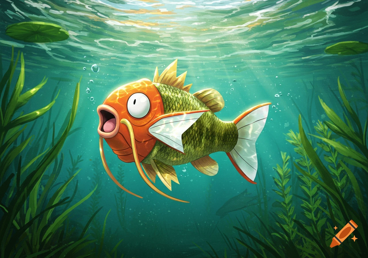 A surprised Magikarp with green largemouth bass scales swims underwater among aquatic plants and light rays.