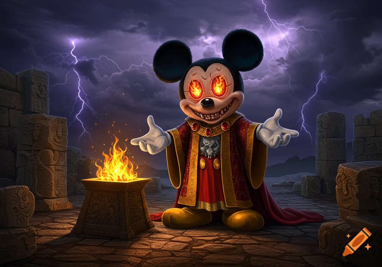 A sinister Mickey Mouse in a red robe with fiery eyes and fangs performs a ritual over a burning altar amidst ancient ruins under a stormy, lightning-filled sky.