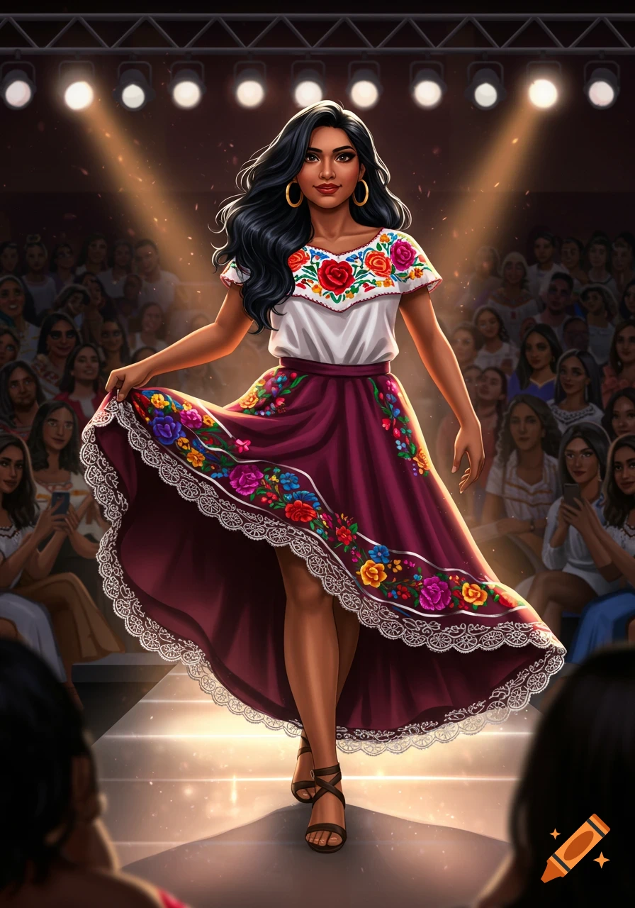 A digital art illustration of a woman in a traditional Mexican embroidered dress, walking on a catwalk under spotlights.