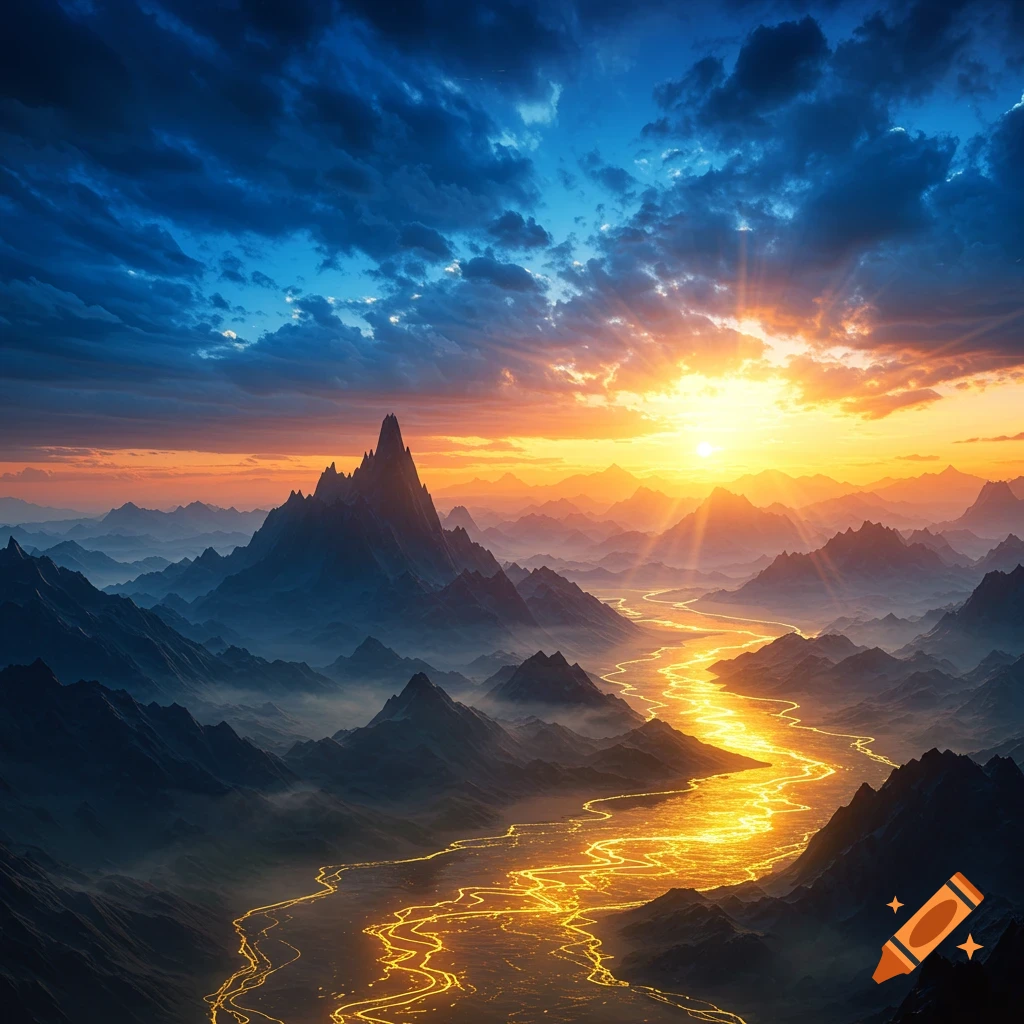 A stunning mountain landscape at sunset, with a vibrant golden river winding through valleys under a dramatic sky.