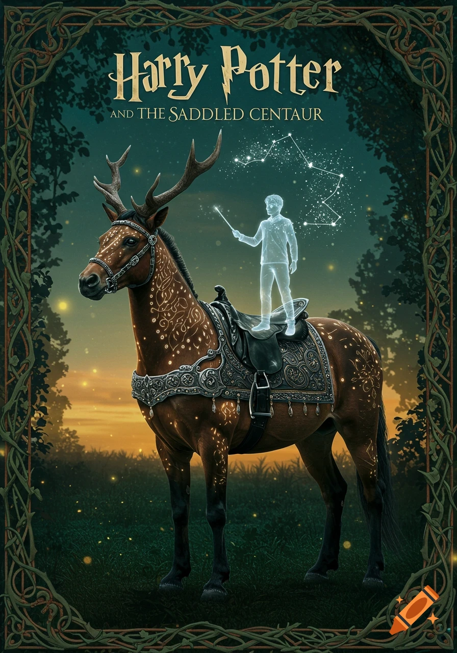 A fantasy book cover, 'Harry Potter and the Saddled Centaur,' with an antlered horse, ornate saddle, and glowing Harry Potter.