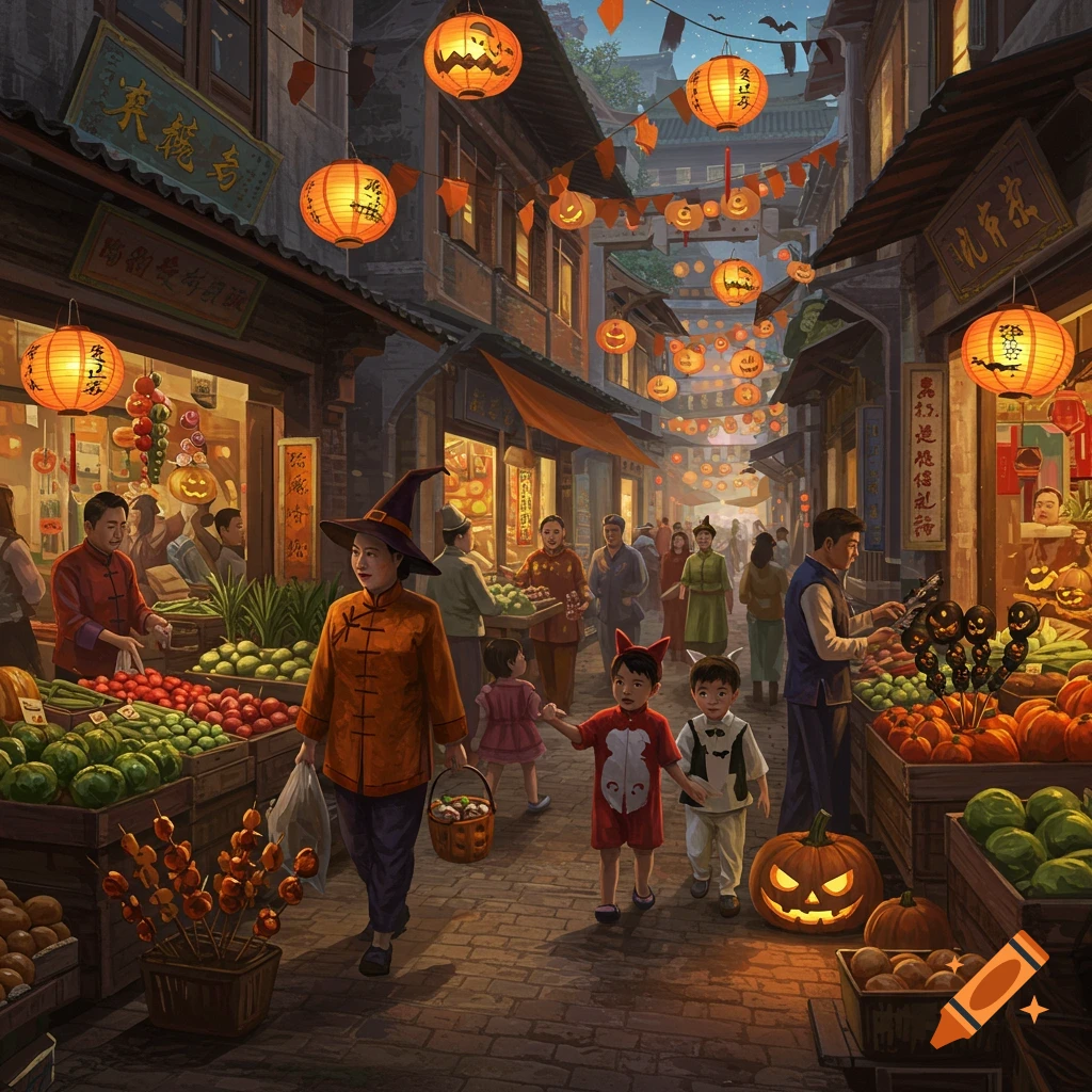 A vibrant Chinese market scene at night, decorated for Halloween. People in traditional attire and children in costumes shop amidst festive lanterns and produce stalls.