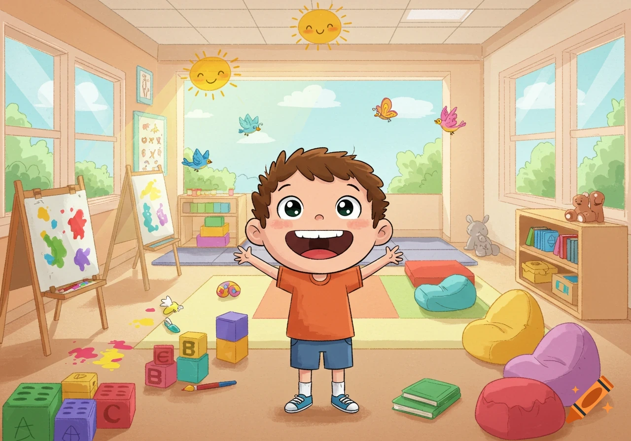 A happy cartoon child stands with arms open in a bright, colorful classroom filled with art easels, alphabet blocks, books, and bean bags.