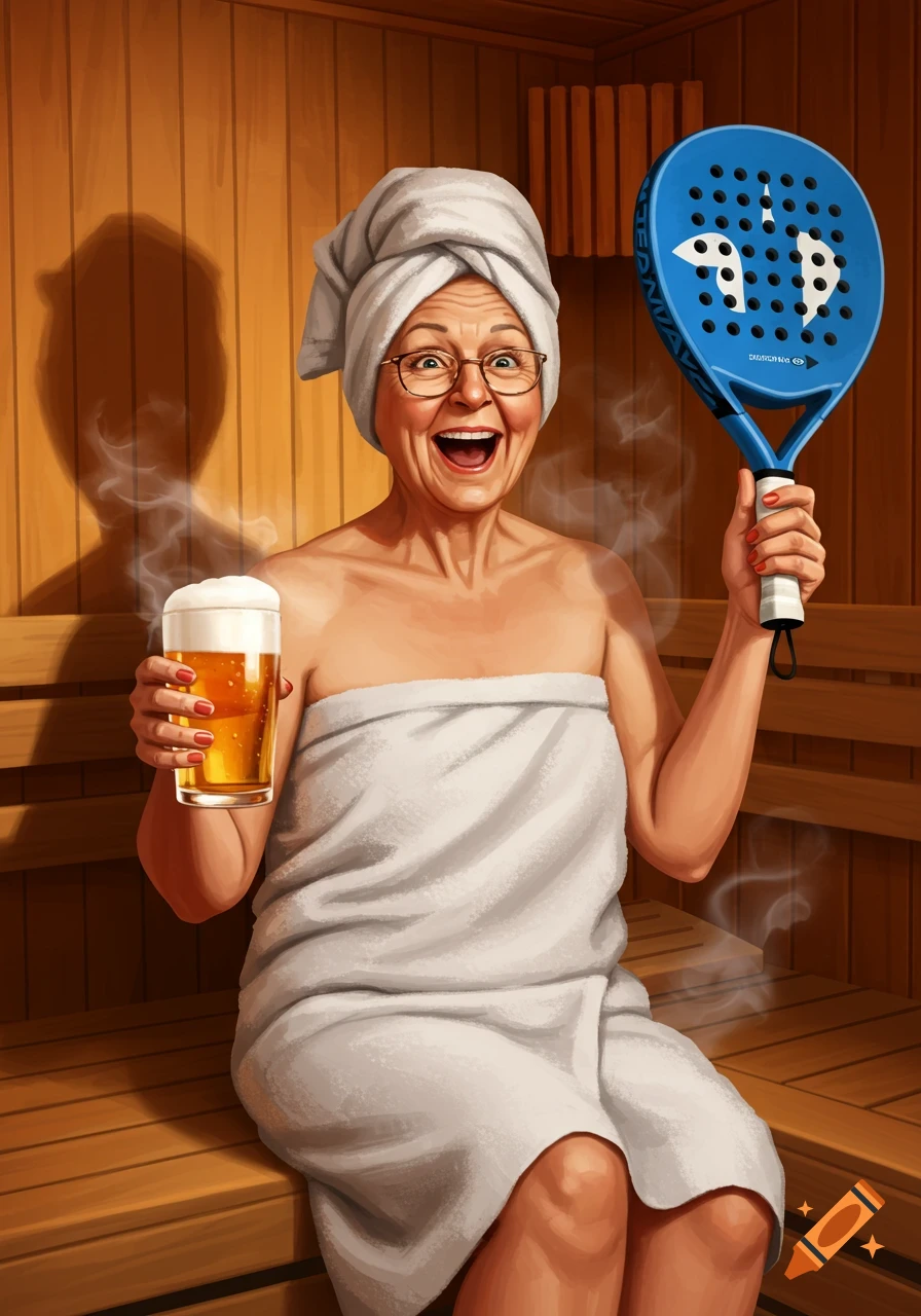 An overjoyed elderly woman in a white towel in a sauna, holding a glass of beer and a blue padel racket.