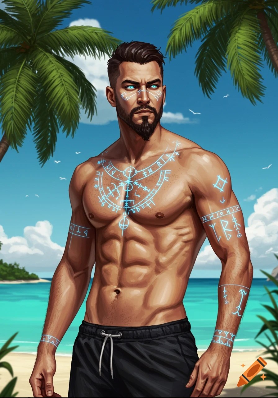 A shirtless man with a goatee on a tropical beach, covered in glowing blue magical runes.