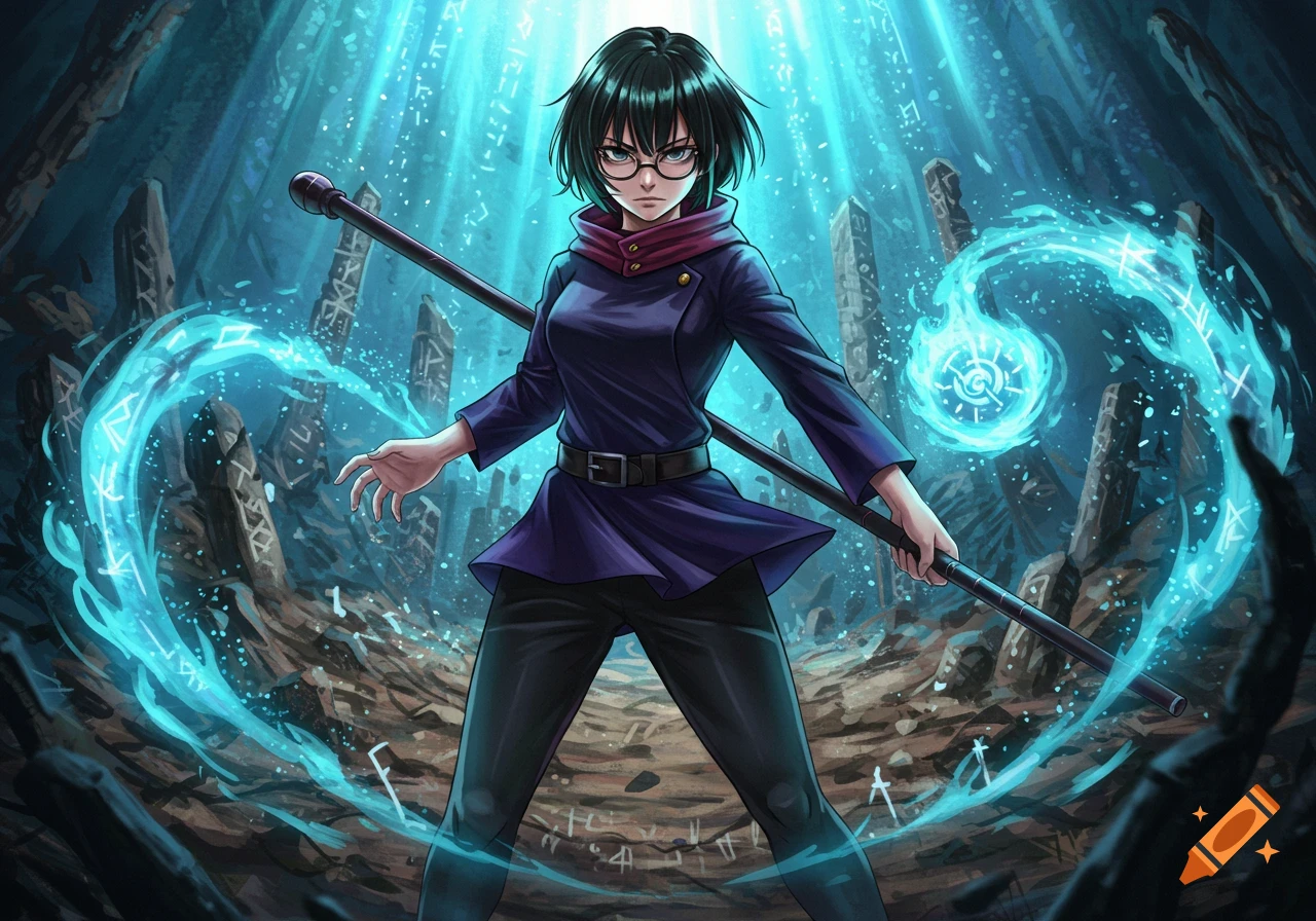 A dark-haired anime girl in glasses and a dark tunic stands in a magical ruin, holding a staff amidst glowing blue energy.