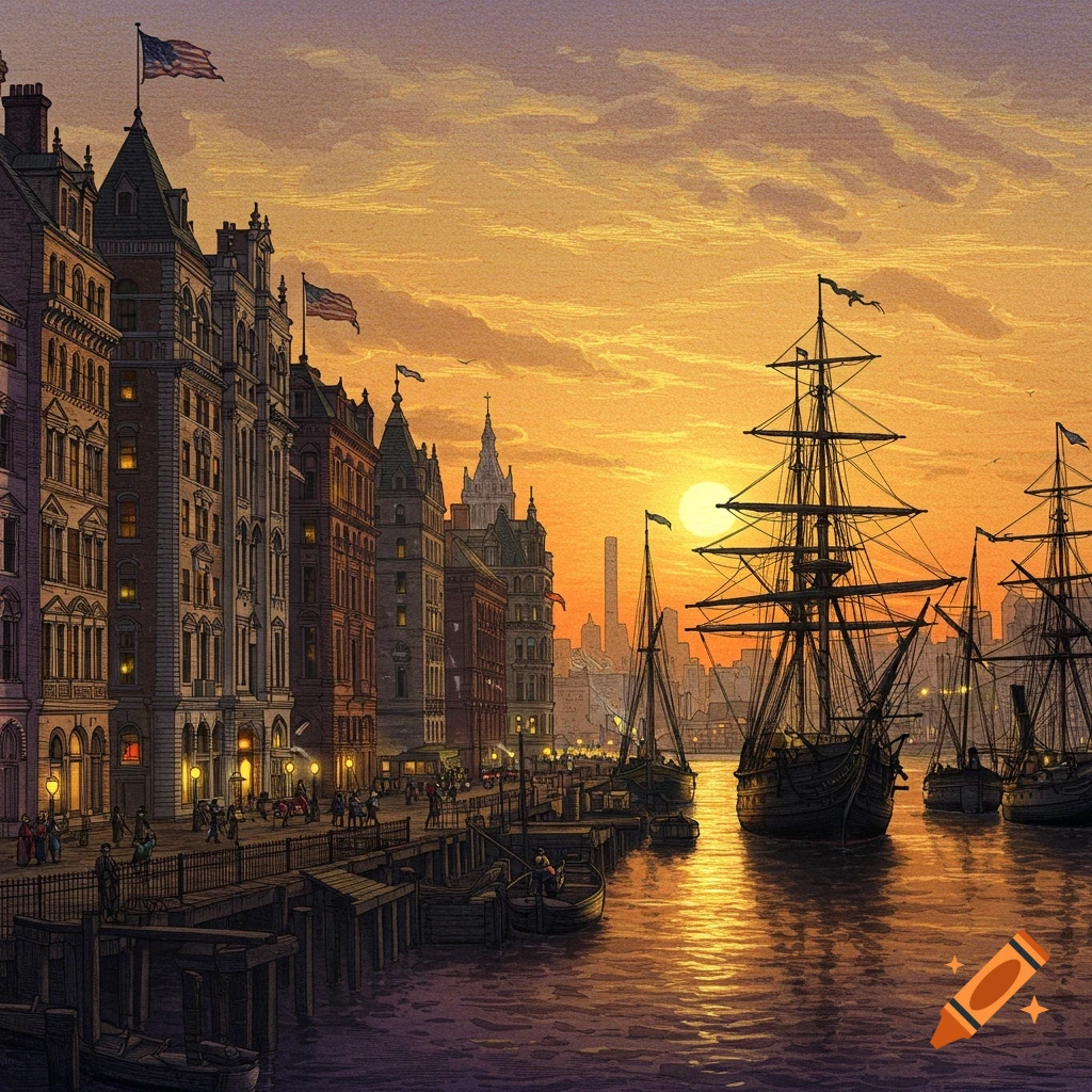 19th-century engraving of a Manhattan harbor at sunset with tall ships, bustling docks, and historical buildings.