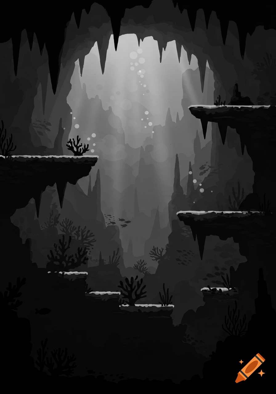 Black and white 2D underwater cave art with platforms, coral, fish, and light rays, suitable for a platformer game.