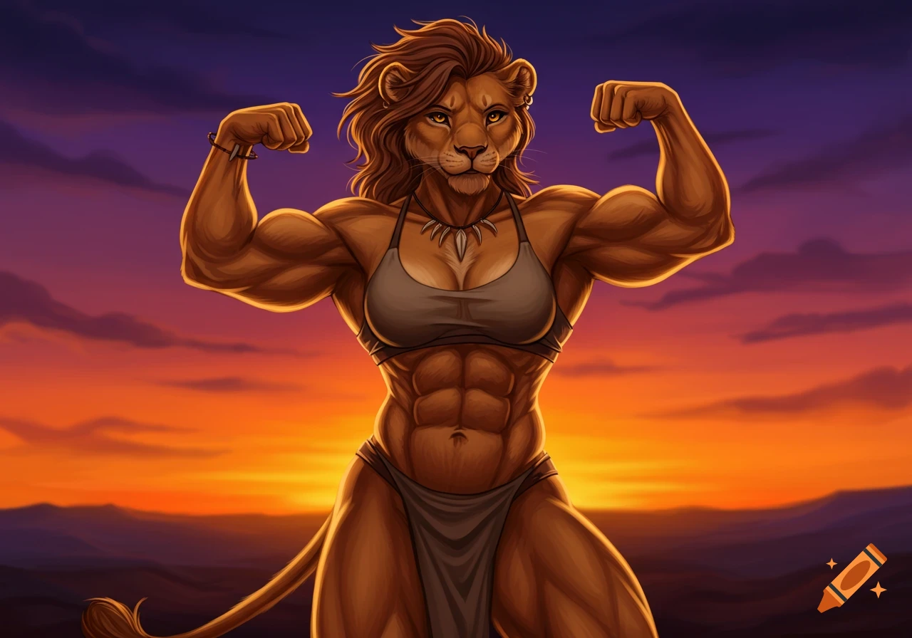 A muscular anthropomorphic lioness in a bra and loincloth flexes against a vibrant sunset, digital art.