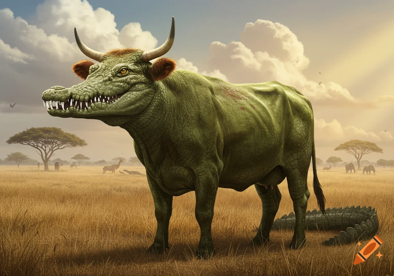 A green, scaly cow-crocodile hybrid with horns and sharp teeth stands in a golden savanna.