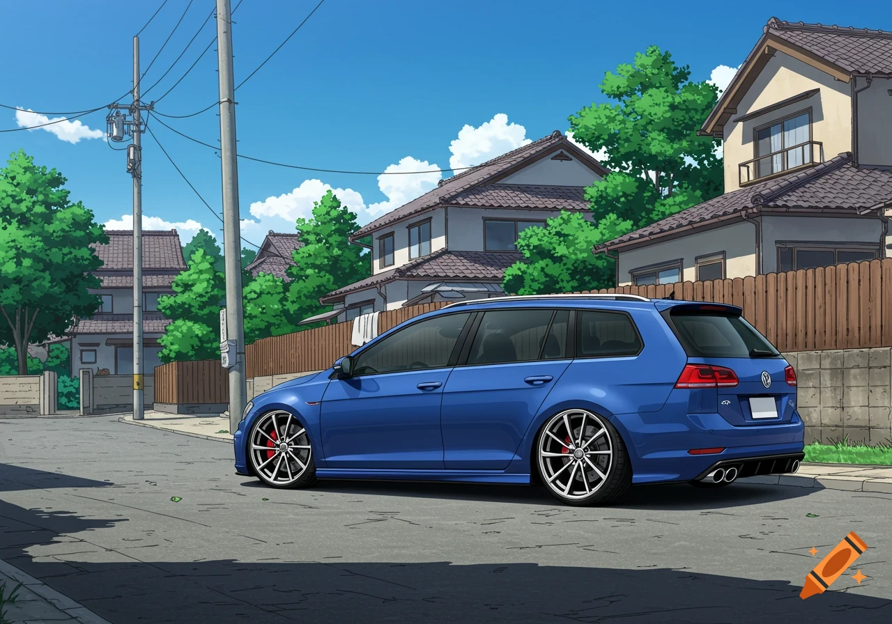 Anime-style illustration of a blue VW Golf R Estate parked on a quiet Japanese suburban street with traditional houses and utility poles.