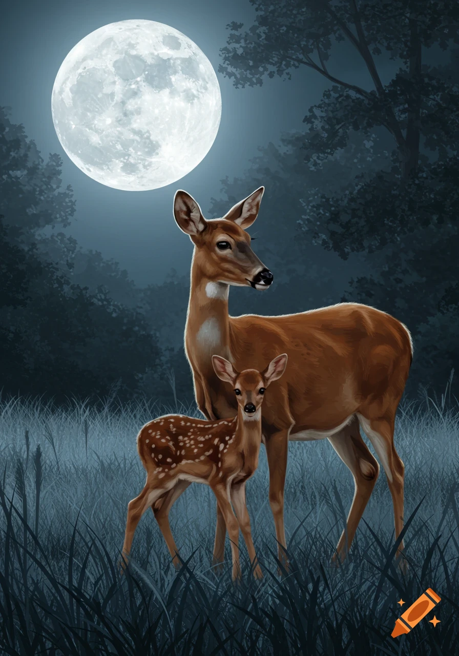 A mother deer and her fawn stand in a moonlit forest clearing under a large full moon, in an illustrative style.