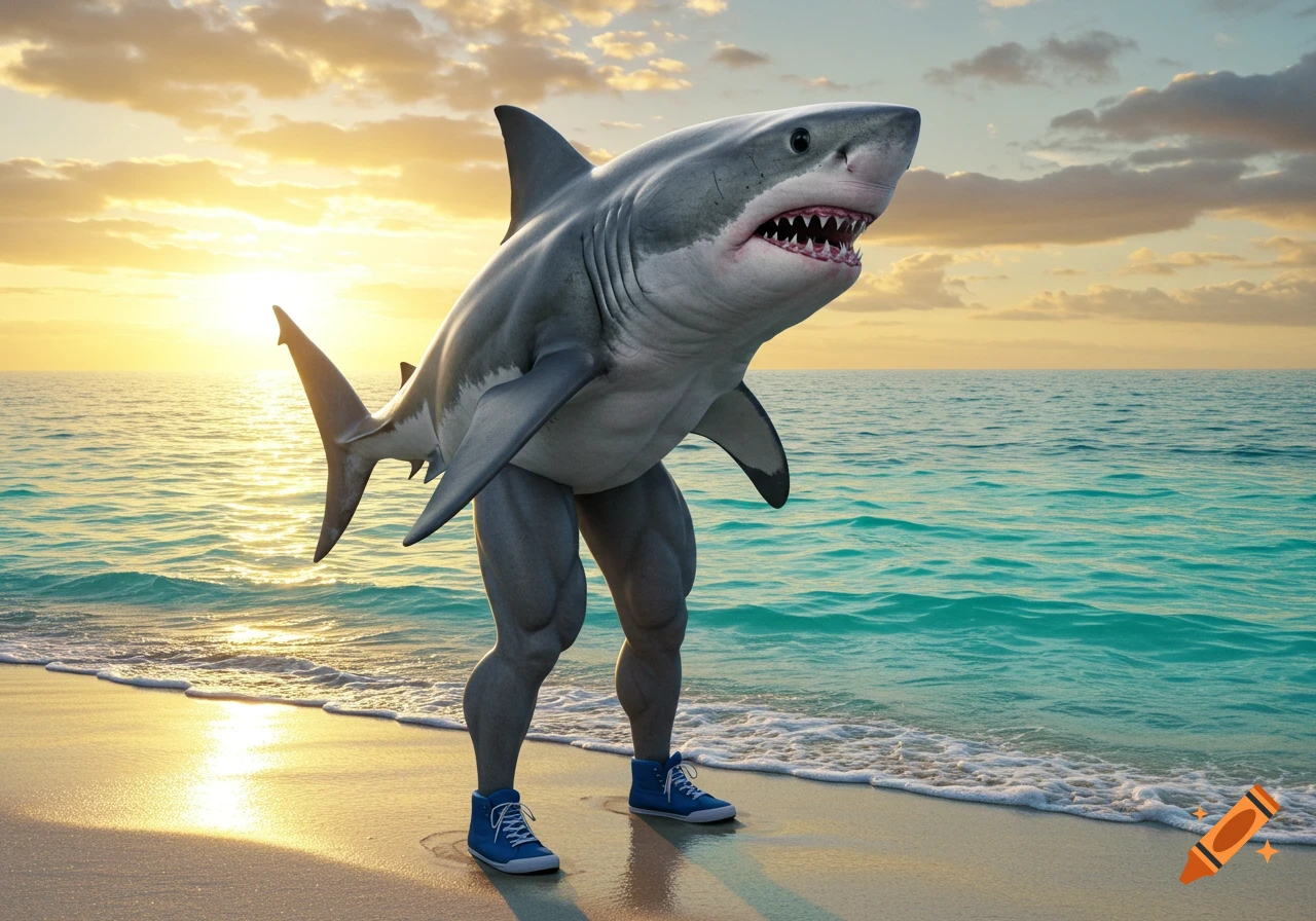 A photorealistic shark with muscular human legs and blue high-top sneakers stands on a sandy beach by the ocean at sunset.