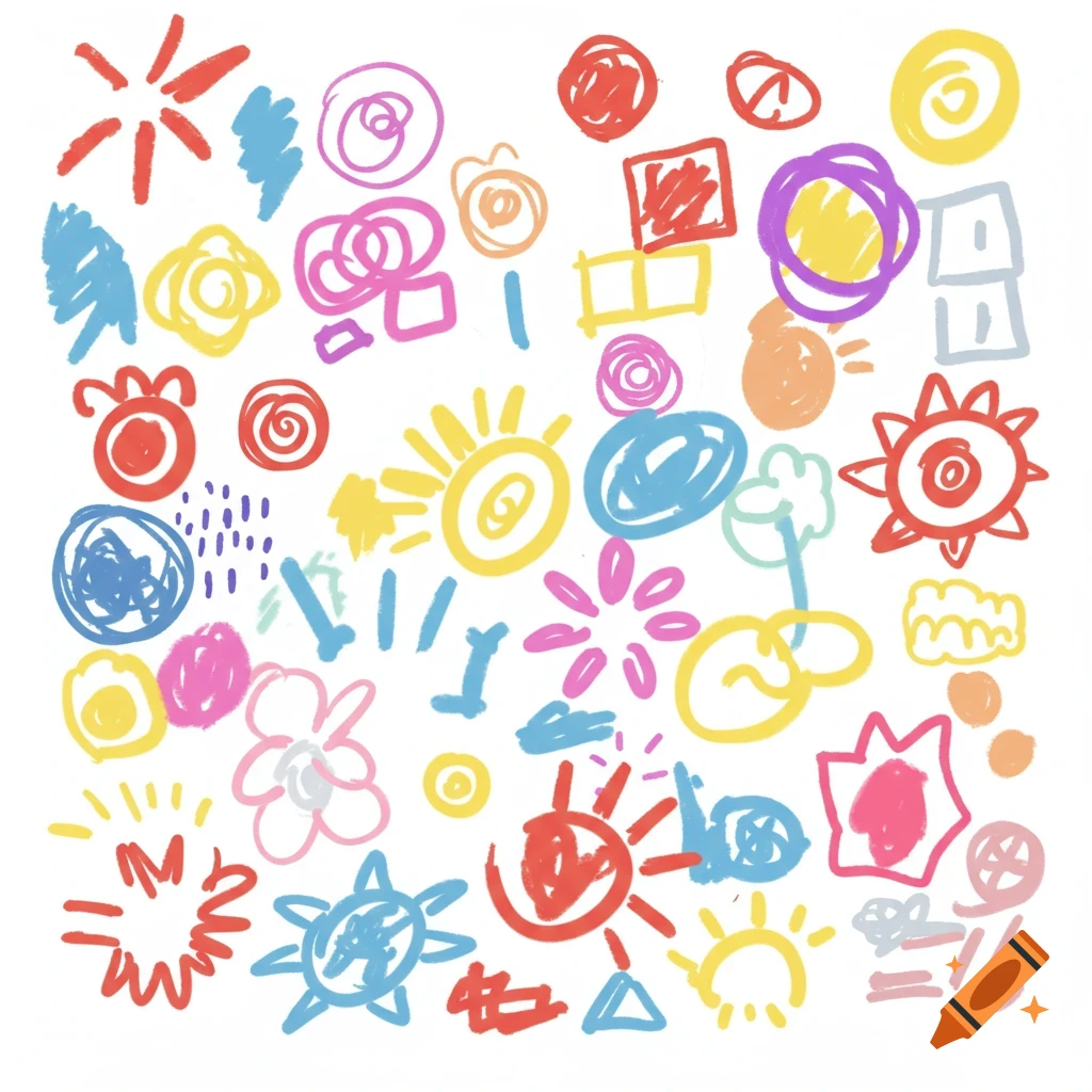 Colorful abstract scribble drawing in a childlike style with various shapes on a white background.