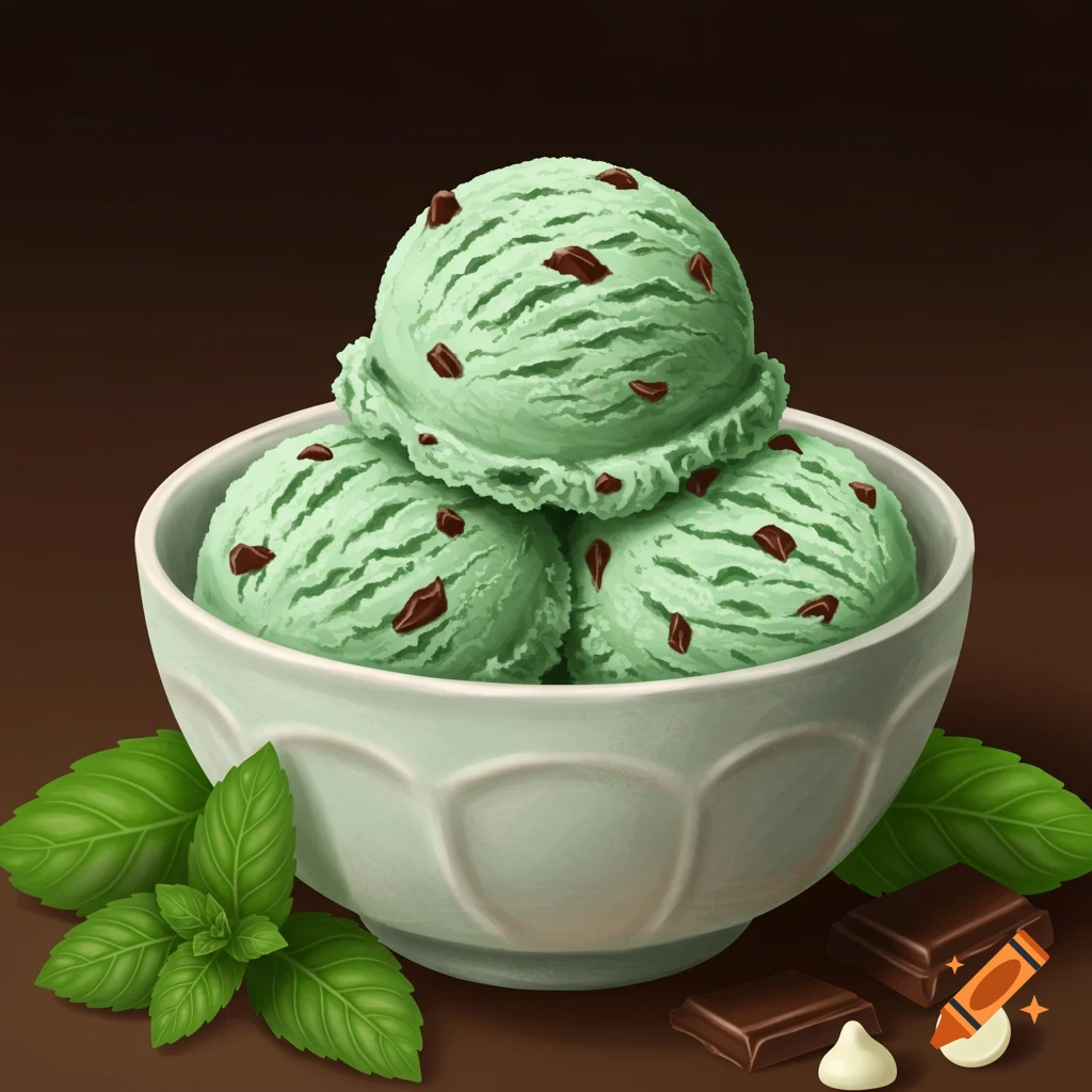A white bowl filled with three scoops of green mint chocolate chip ice cream, surrounded by fresh mint leaves and chocolate pieces.