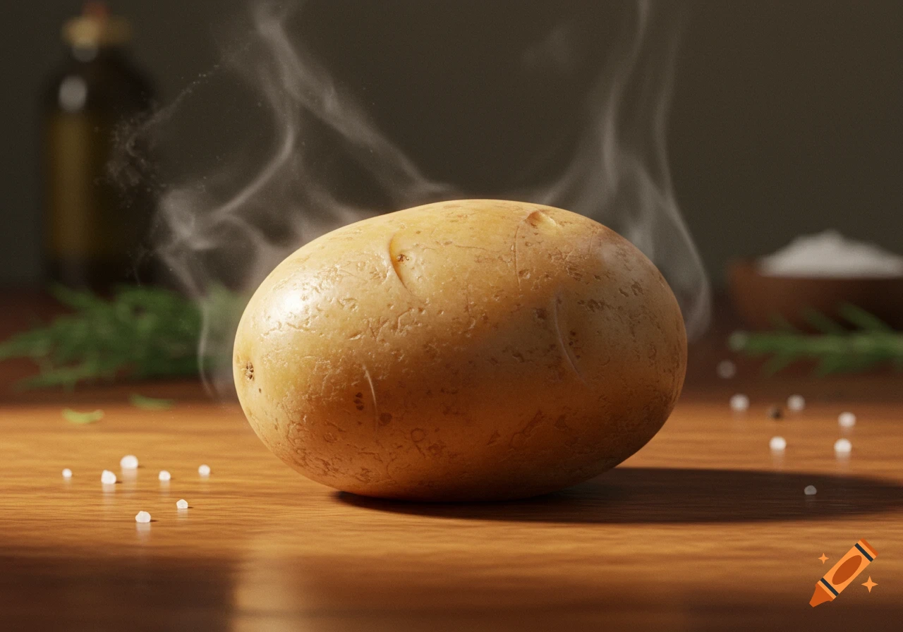 A photorealistic close-up of a steaming potato on a wooden table, with salt, peppercorns, and herbs in the background.