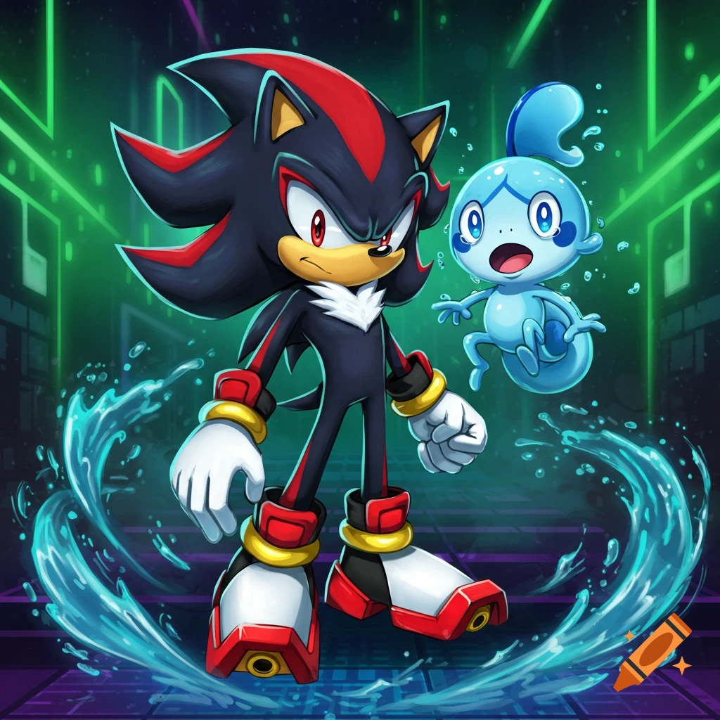 Shadow the Hedgehog and Sobble stand in a vibrant, neon-green and blue tech-like environment with splashing water effects, in a cartoon style.