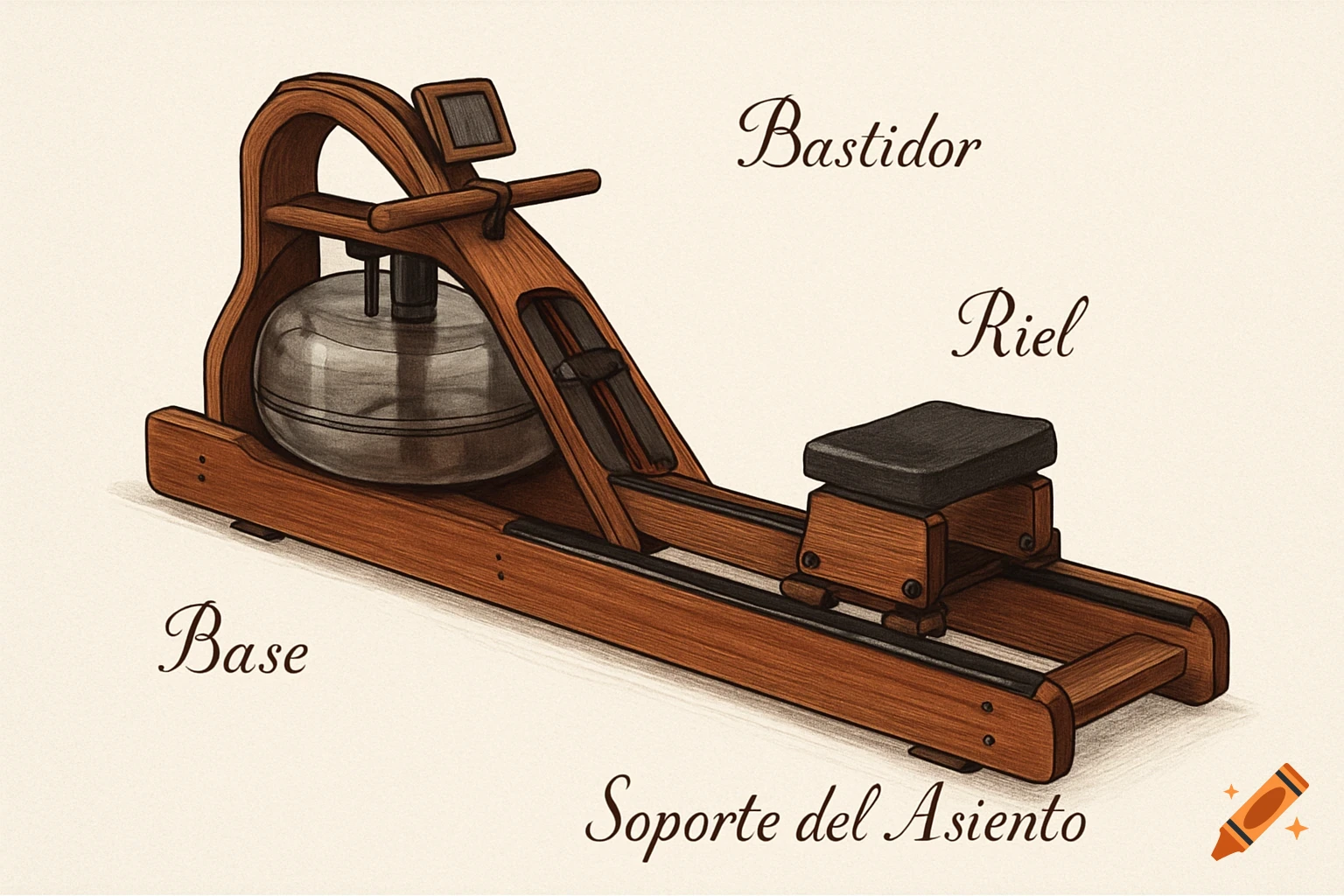 Wooden water rowing machine with parts labeled in Spanish: Bastidor, Riel, Base, Soporte del Asiento.